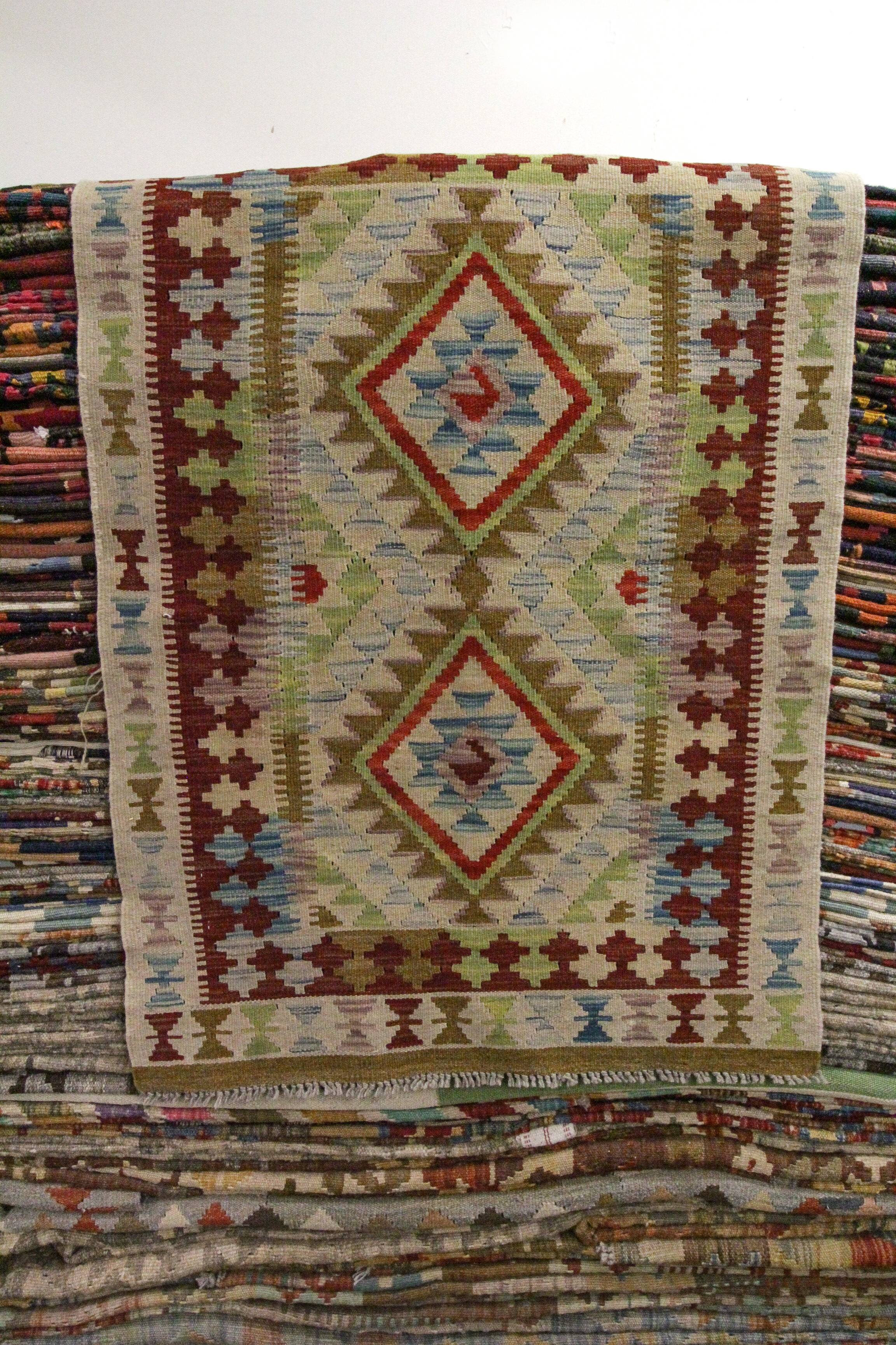 New Handmade Kilim Rug Oriental Green Beige Area Rug- 80x119cm