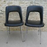 Pair of office chairs in chromed metal and skaï, 60s