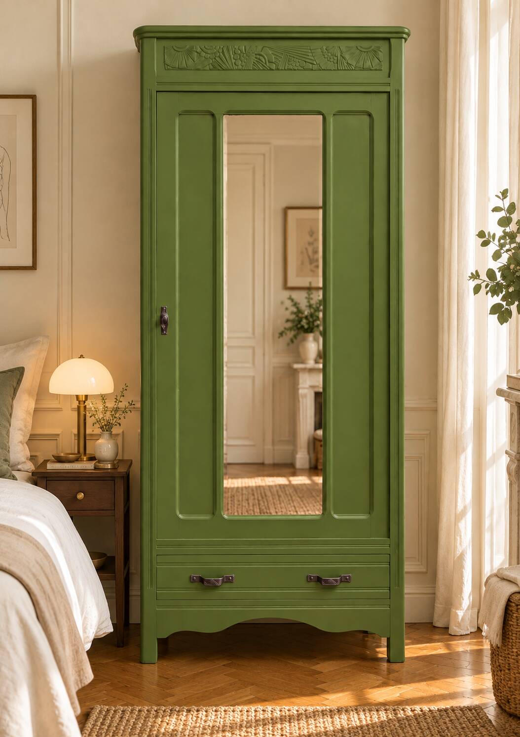 Renovated Art Deco Parisian wardrobe in khaki with original mirror.