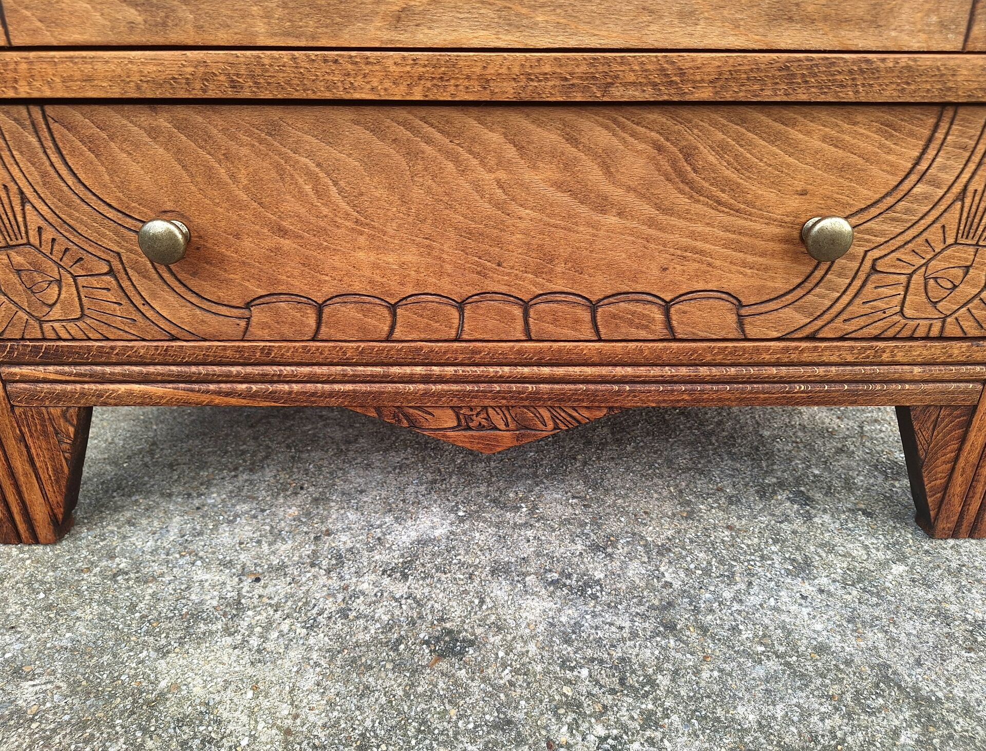 Art Deco commode with wooden top, vintage antique furniture.