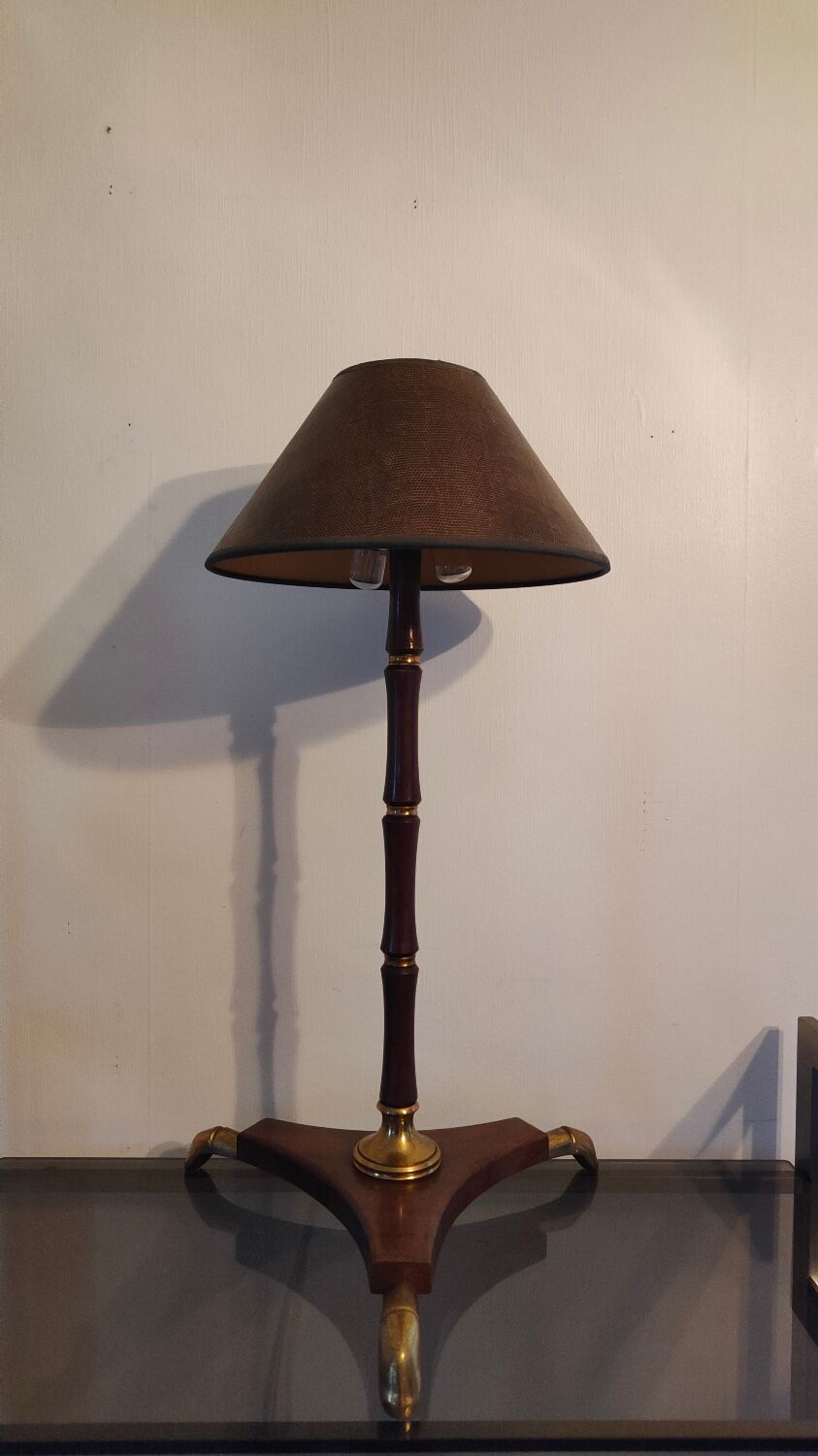 Art Deco tripod lamp in wood and brass signed France Paris