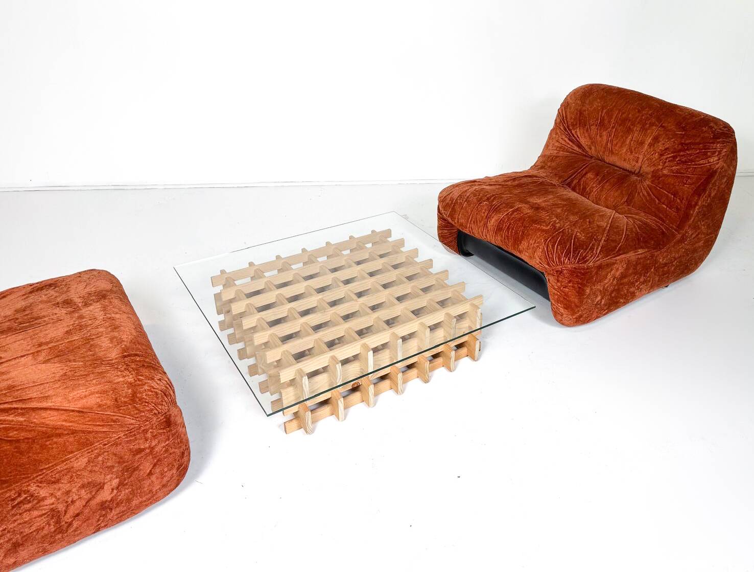 Mid-Century Modern Italian Coffee Table, Wooden Grid and Glass, 1960s