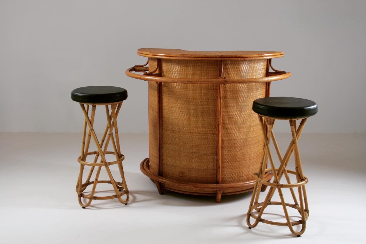 Rattan bar and stools, France 1960s, set of 3