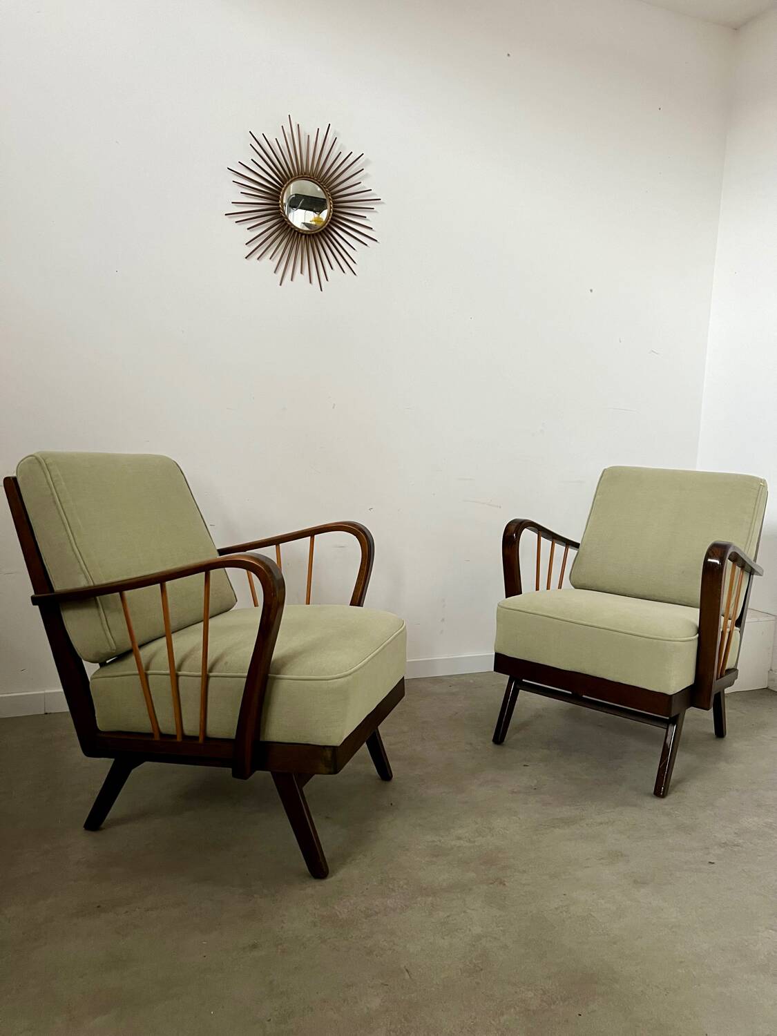 Set 2 old designer fireside chairs from the 50s wood and vintage fabric