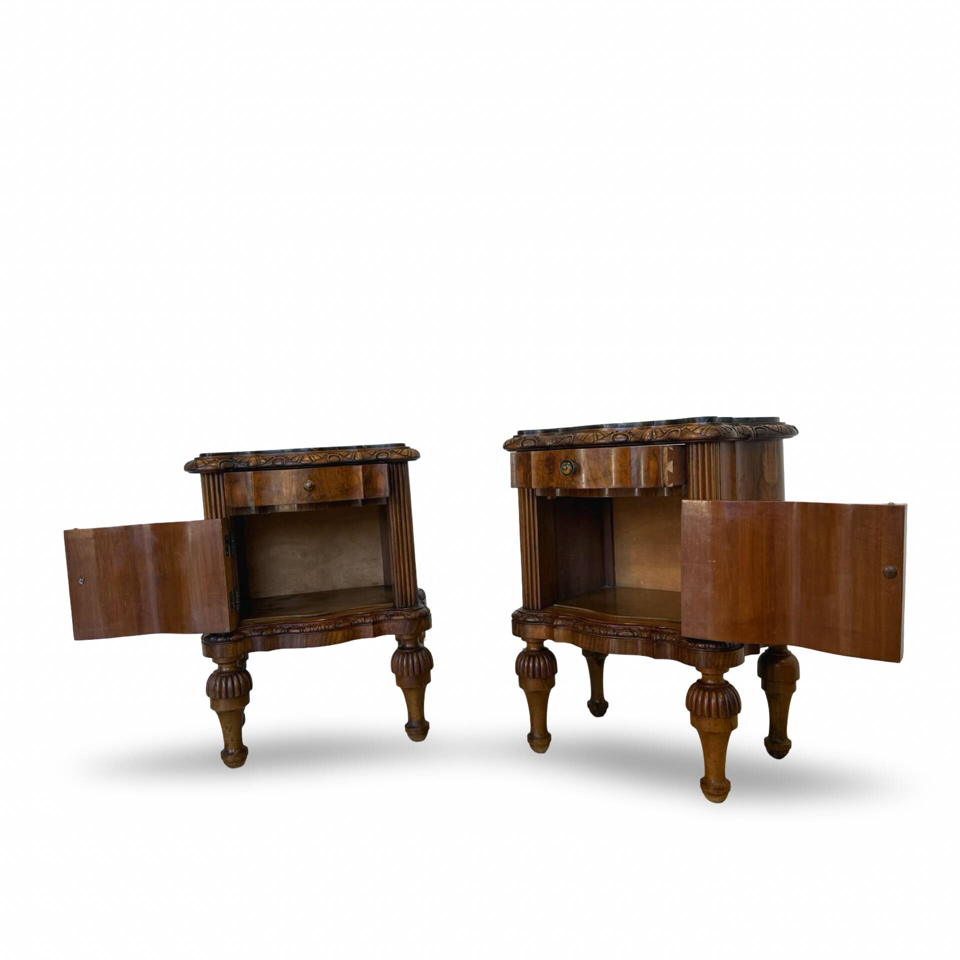 art deco walnut serpentine nightstands, 1920s