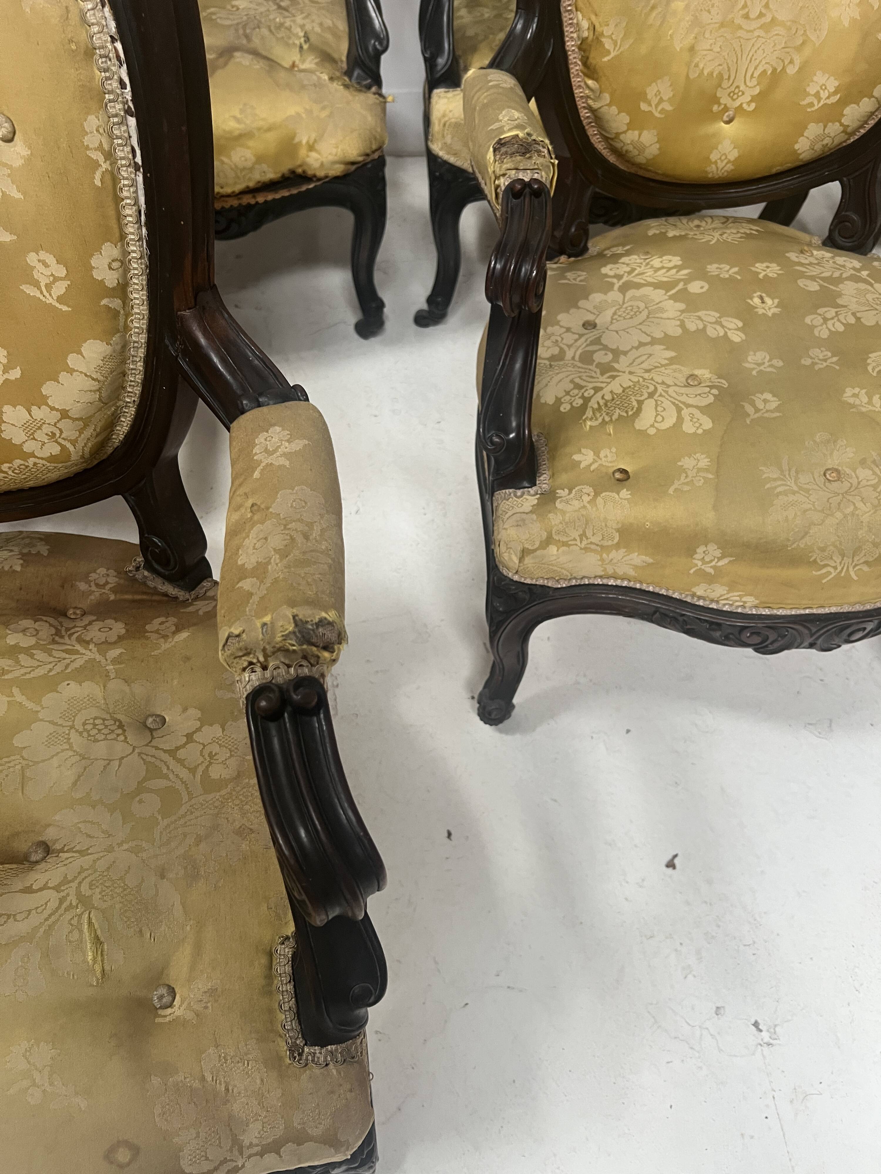 Set of eight Napoleon III style Louis XV armchairs in rosewood, 20th century.
