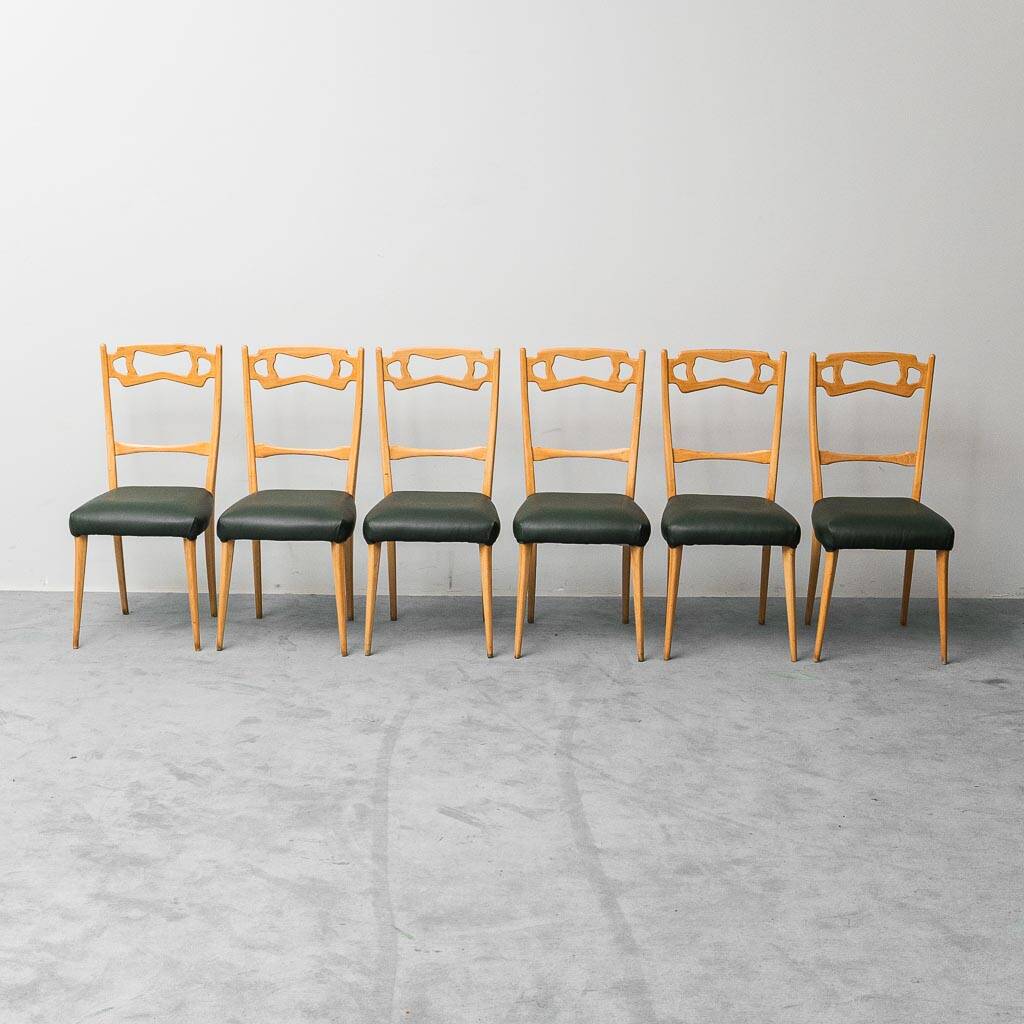 Set of 6 leather and wood chairs from the 1960s, vintage modernist