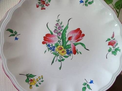 Kg luneville "street lamp" plate cake dessert earthenware hand-painted flowers ø 27 cm