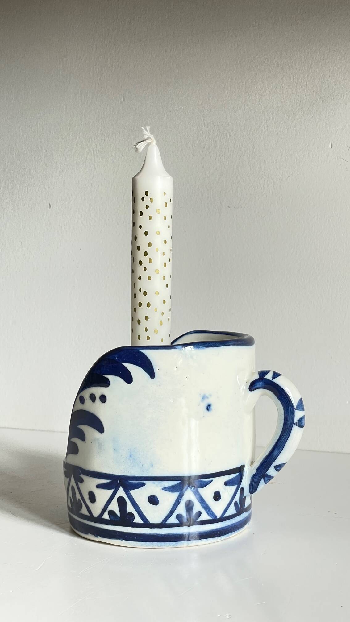 Blue ceramic hand candle holder vintage craft