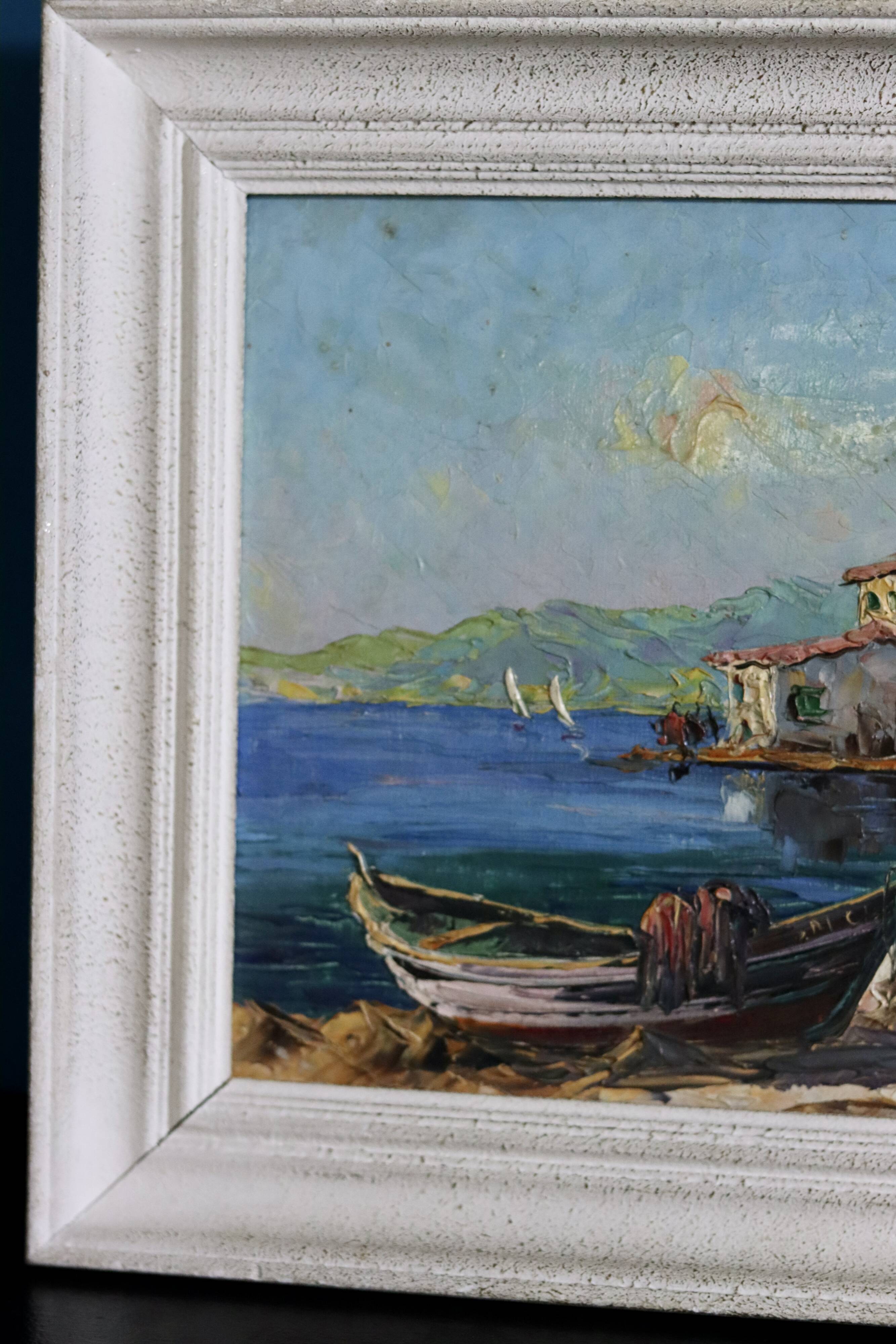 Oil painting on mid-century style panel "Port with Buildings" by B Franco, vintage and framed.