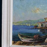 Oil painting on mid-century style panel "Port with Buildings" by B Franco, vintage and framed.