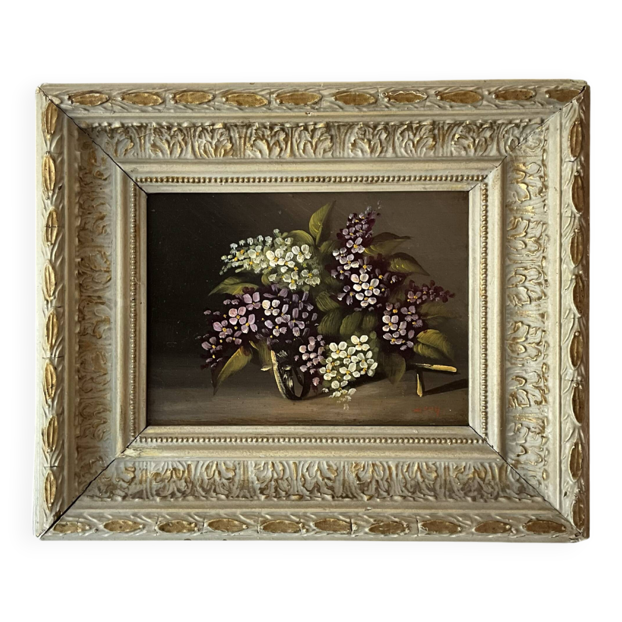 Huile sur panneau ancienne, bouquet de fleurs, cadre en bois sculpté d