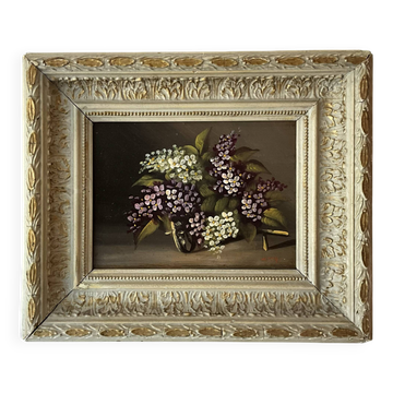 Oil on panel, old, bouquet of flowers, carved wooden frame.