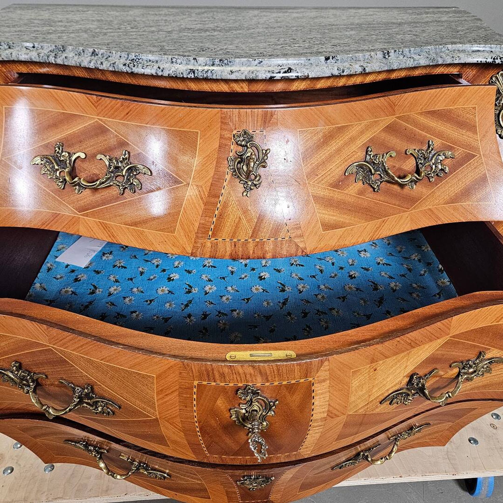 Rococo-Style Chest of Drawers — Stone Top, Mahogany & Brass Fittings