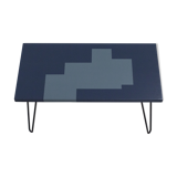 Design wooden coffee table with blue and grey patterns on pins feet