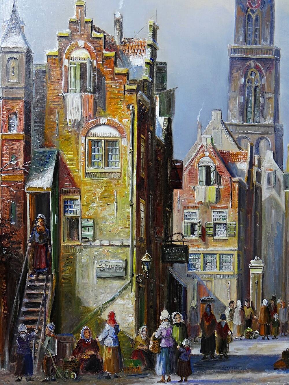 Large urban scene oil on wood framed painting John Haanstra vintage