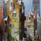 Large urban scene oil on wood framed painting John Haanstra vintage