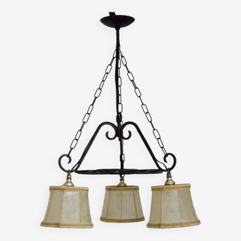 Rustic french vintage black wrought iron 3 light chandelier skin shades 4526