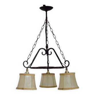 Rustic french vintage black wrought iron 3 light chandelier skin shades 4526