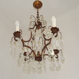 1940s French Vintage Bronze Glass and Crystal 4 Light Chandelier 4679