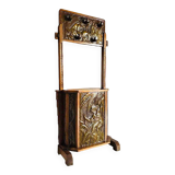 Vestiaire ancien cuivre et bois, meuble porte manteaux vintage pour entrée