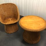 Round coffee table in rattan and varnished wood around 1960