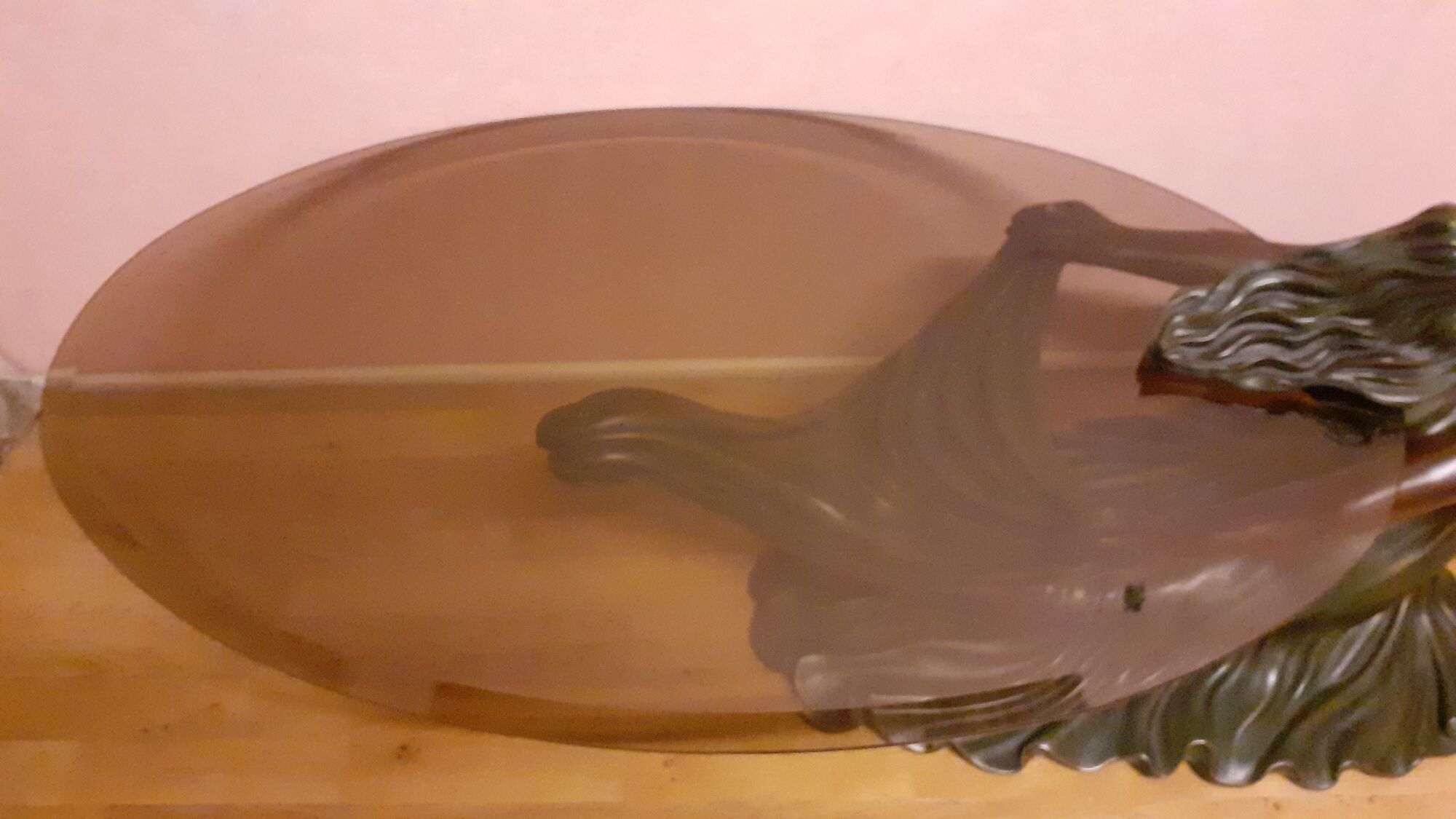 Coffee table, young woman in resin, smoked and beveled glass