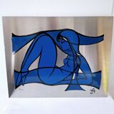 Silkscreen on brushed aluminium from the 1970s.