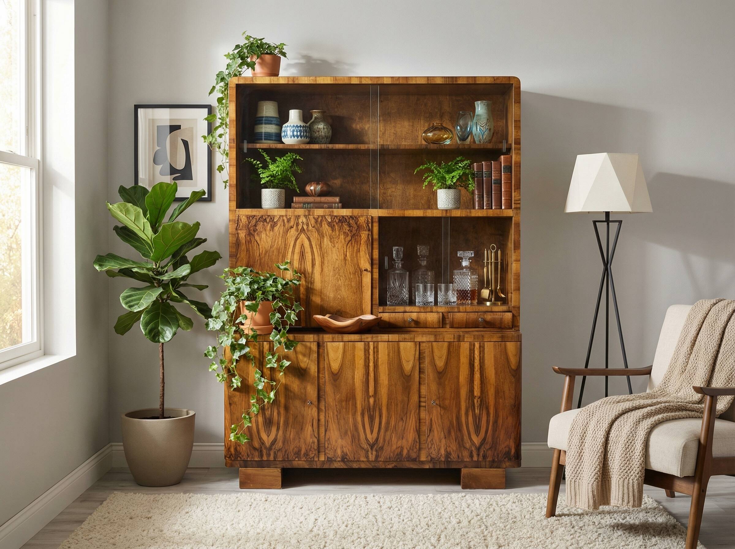 Restored Mid-Century Flame Walnut Highboard with Bar Cabinet - 1960s