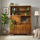 Restored Mid-Century Flame Walnut Highboard with Bar Cabinet - 1960s