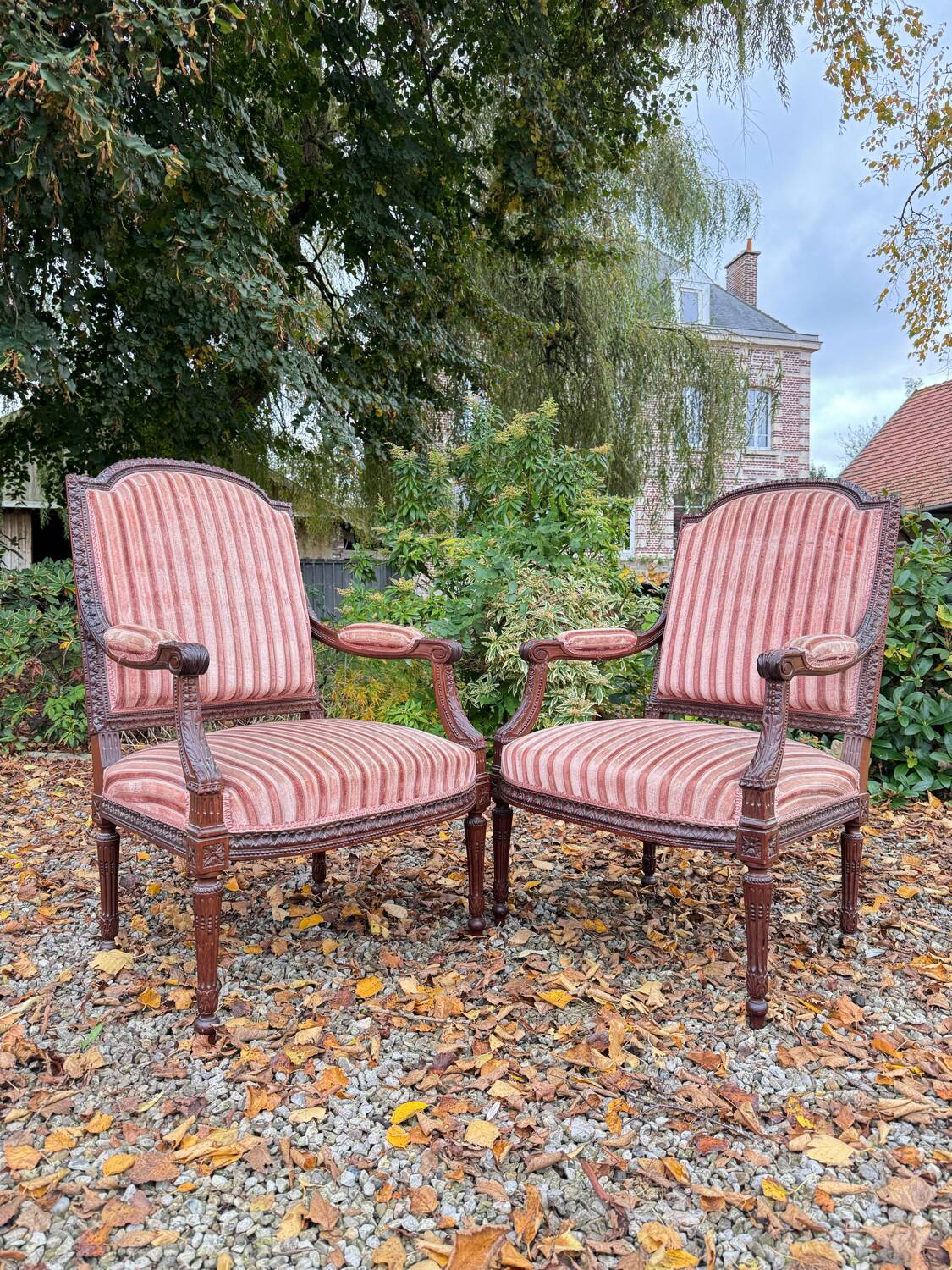 Pair of Louis XVI Style Mahogany Flat Back Armchairs, 19th Century