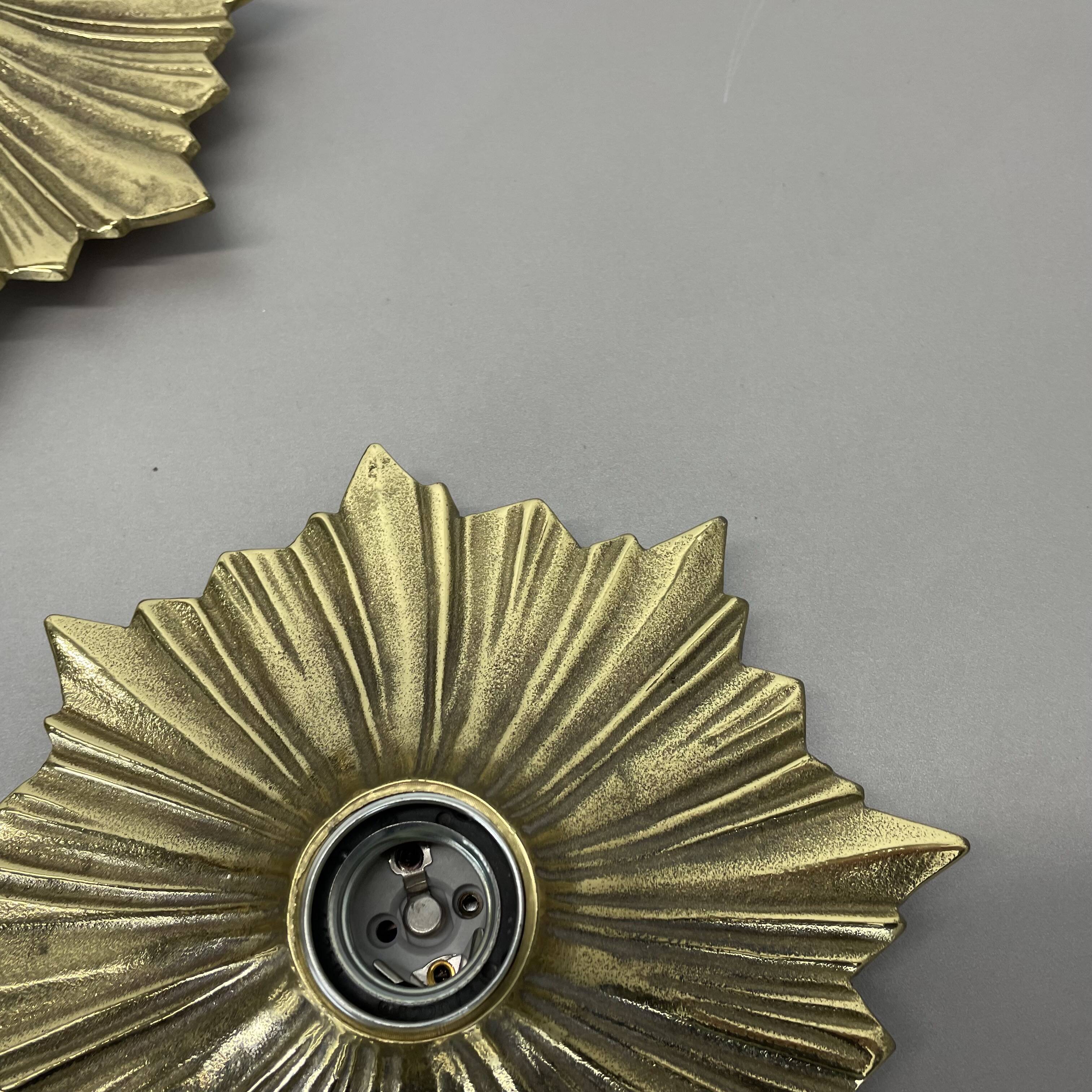 Set of Three Brutalist Bronze Sunburst Wall Lights, Italy 1950s