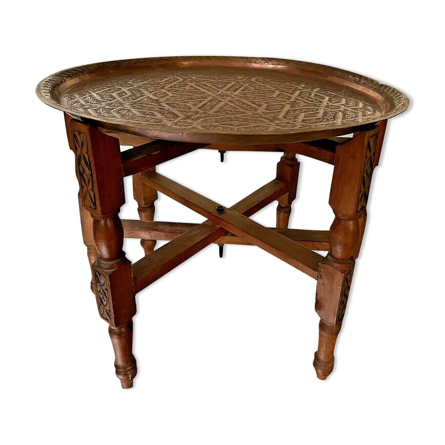 Oriental tea table, moroccan, copper top, engraved wood base, ethnic
