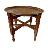 Oriental tea table, moroccan, copper top, engraved wood base, ethnic