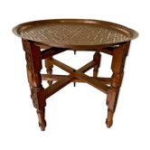 Oriental tea table, moroccan, copper top, engraved wood base, ethnic