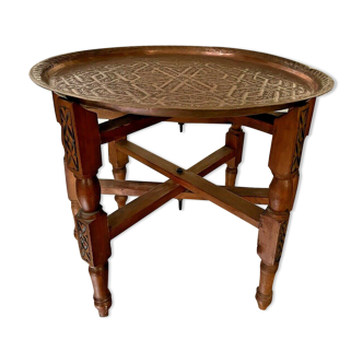 Oriental tea table, moroccan, copper top, engraved wood base, ethnic