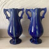 Pair of Art Deco vases in faience from Vierzon, Louis Gueule, cobalt blue.