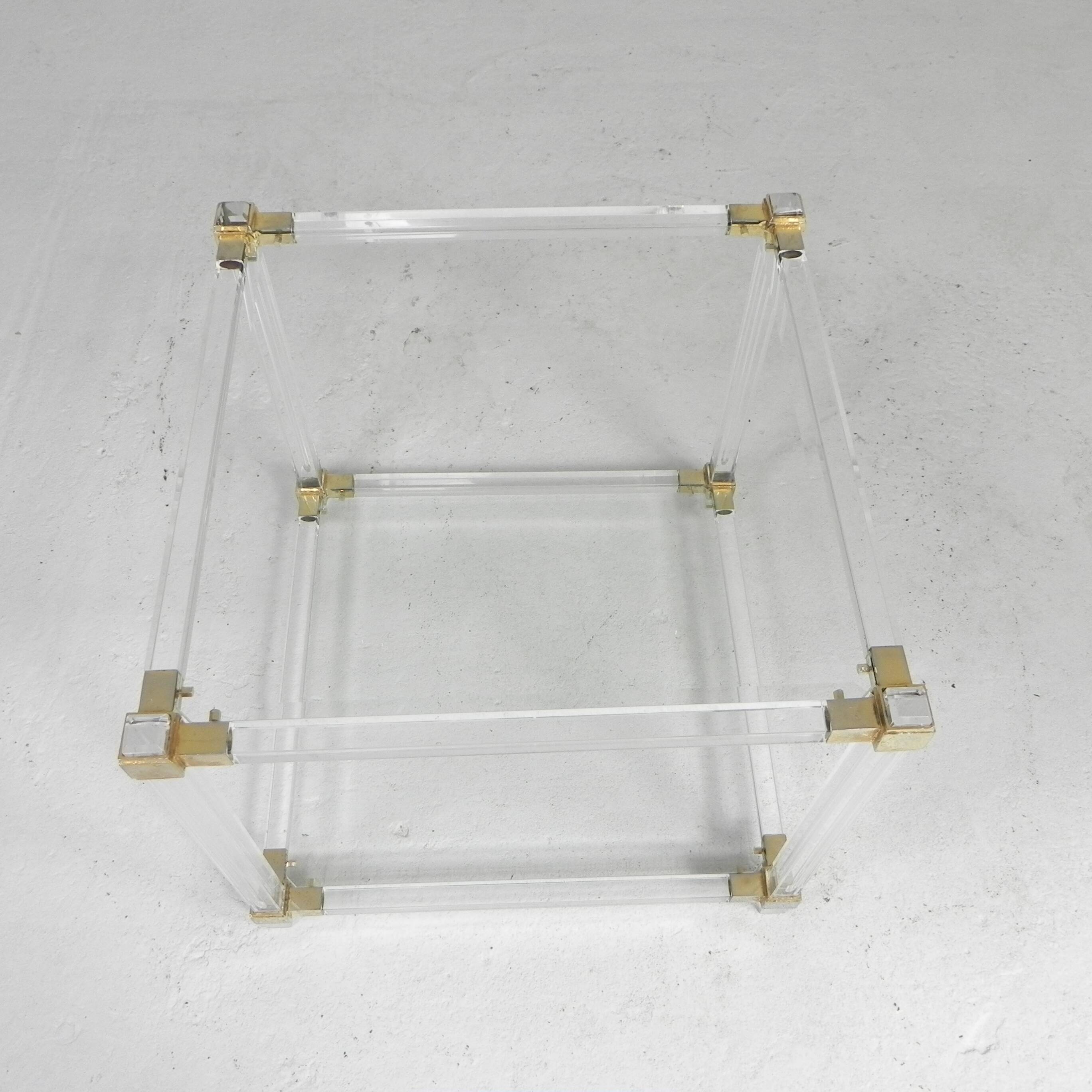 Hollywood Regency coffee table plexiglass, glass, brass, 1970s