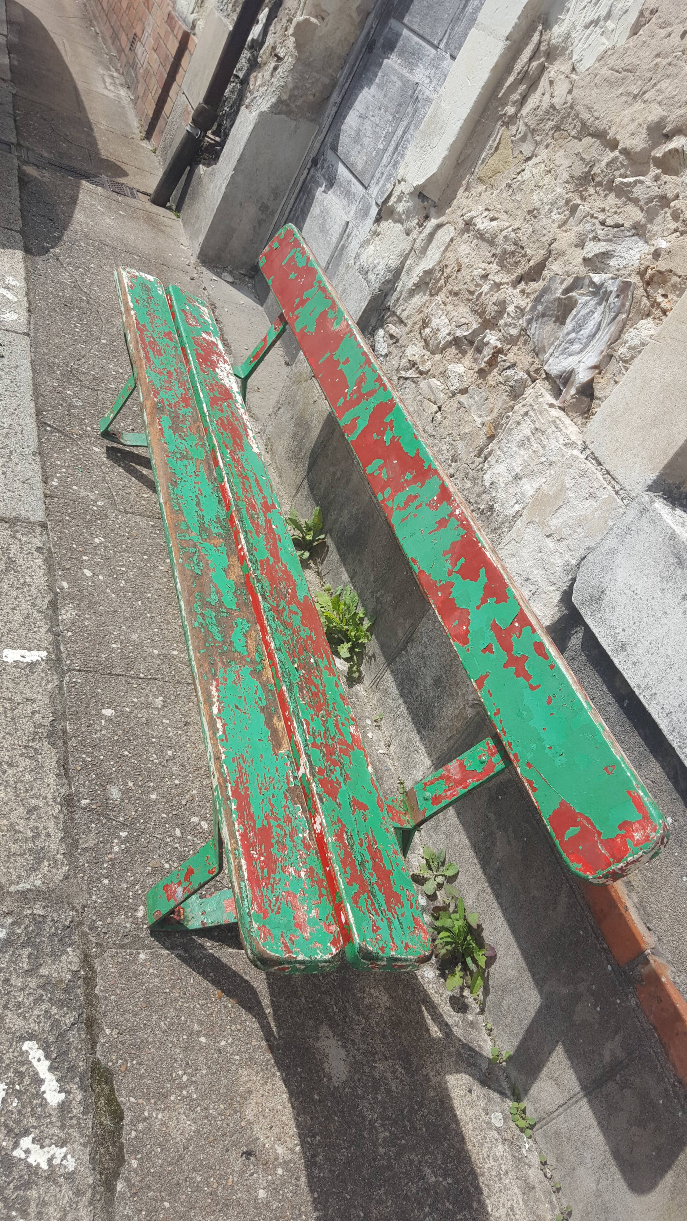 Former school bench patina green red