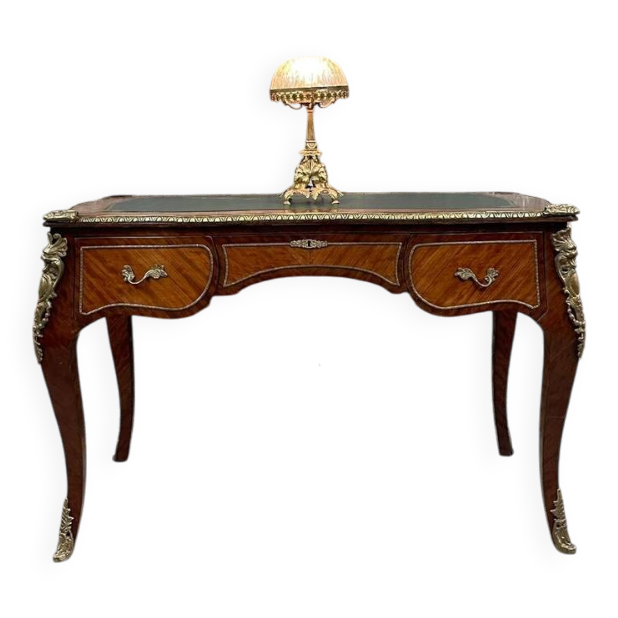 Antique French-style desk with green leather top and bronze mounts