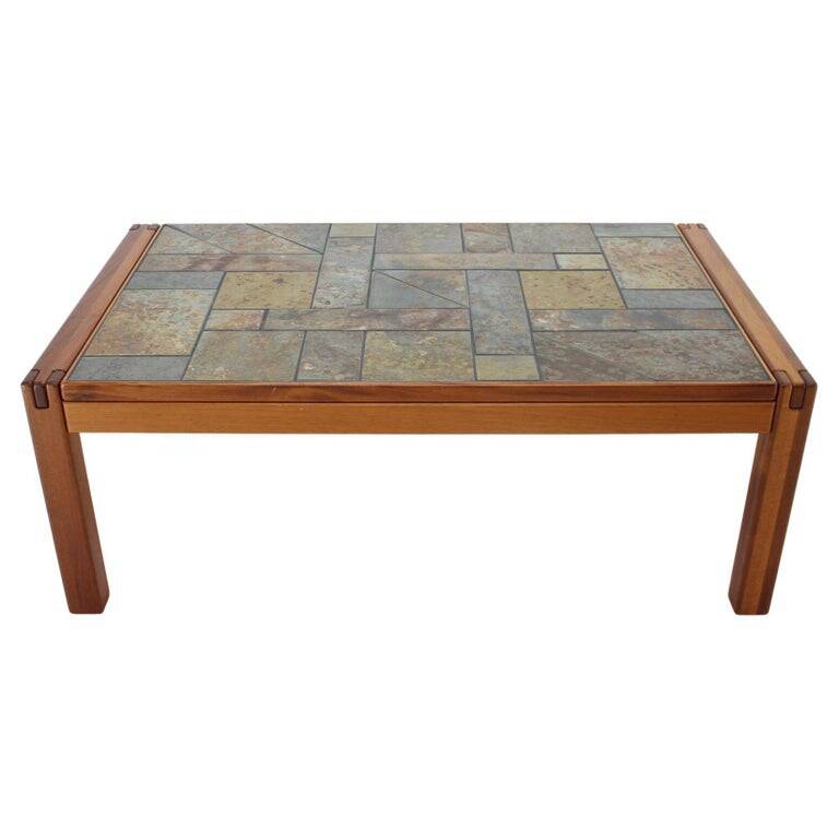 1970s Danish Modern Coffee Table in Solid Teak with Inset Slate Tile Top