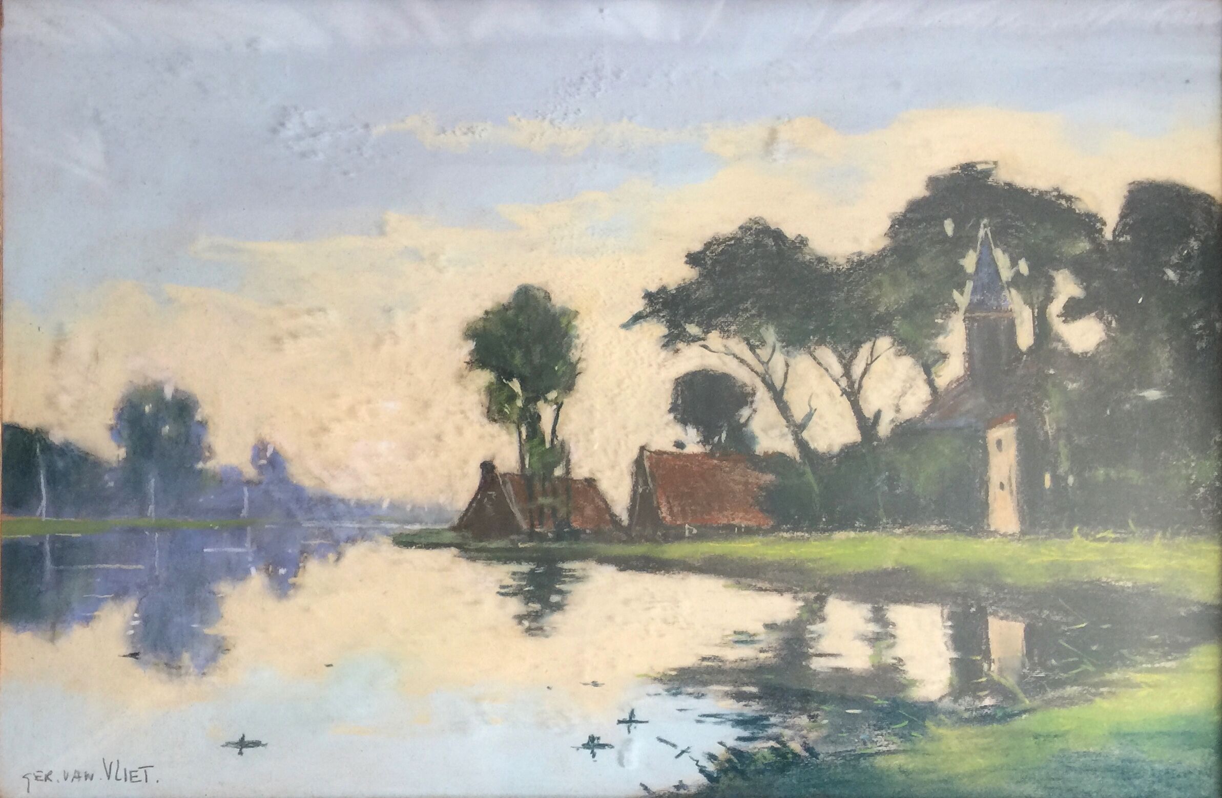 "calm water in holland": large pastel signed "ger van vliet"