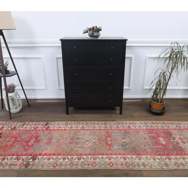 Vintage Turkish Hand-Knotted Pink Runner Rug 90x388