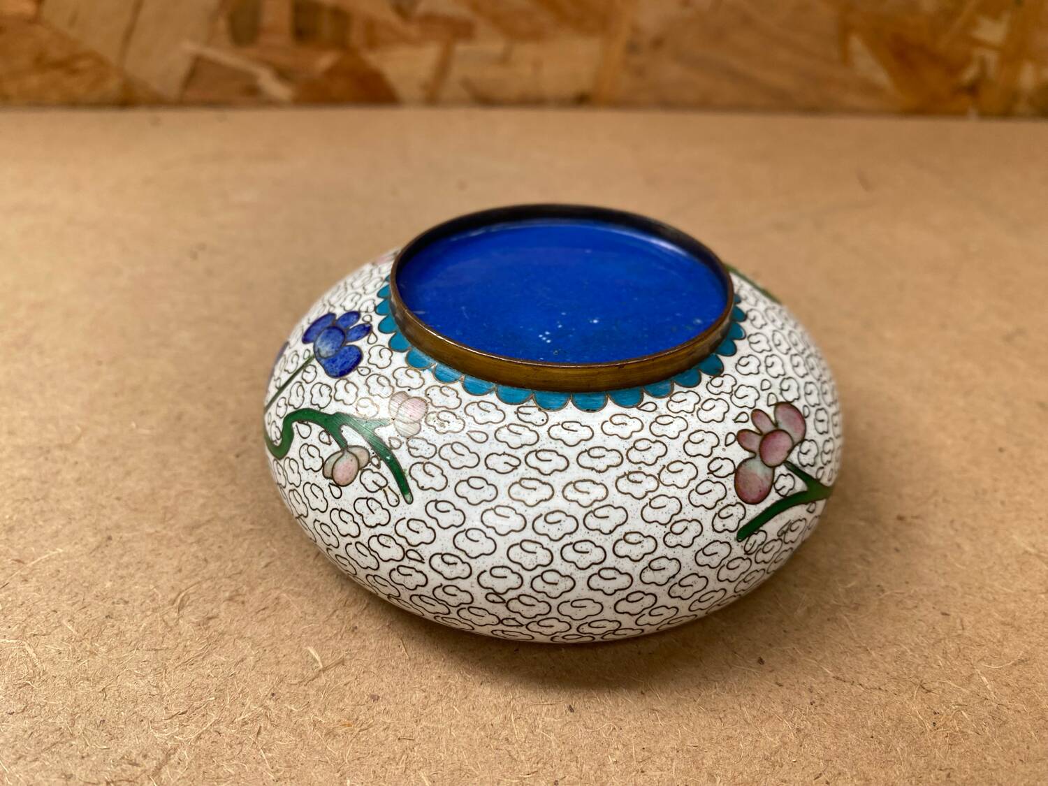 Antique Chinese Bronze Cloisonne Enamel Ashtray Vintage Flower Pattern