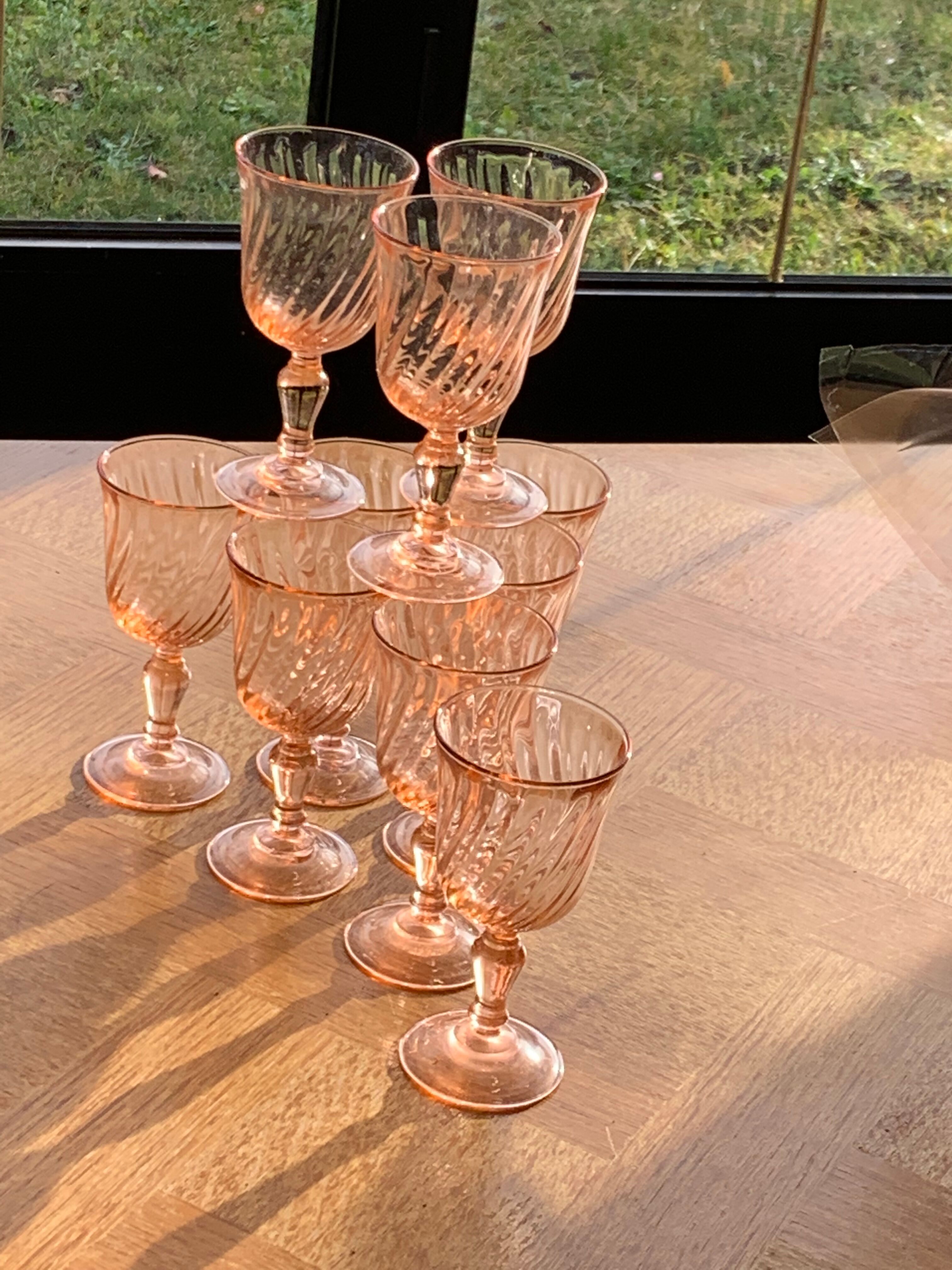10 vintage rosaline pink glass wine glasses
