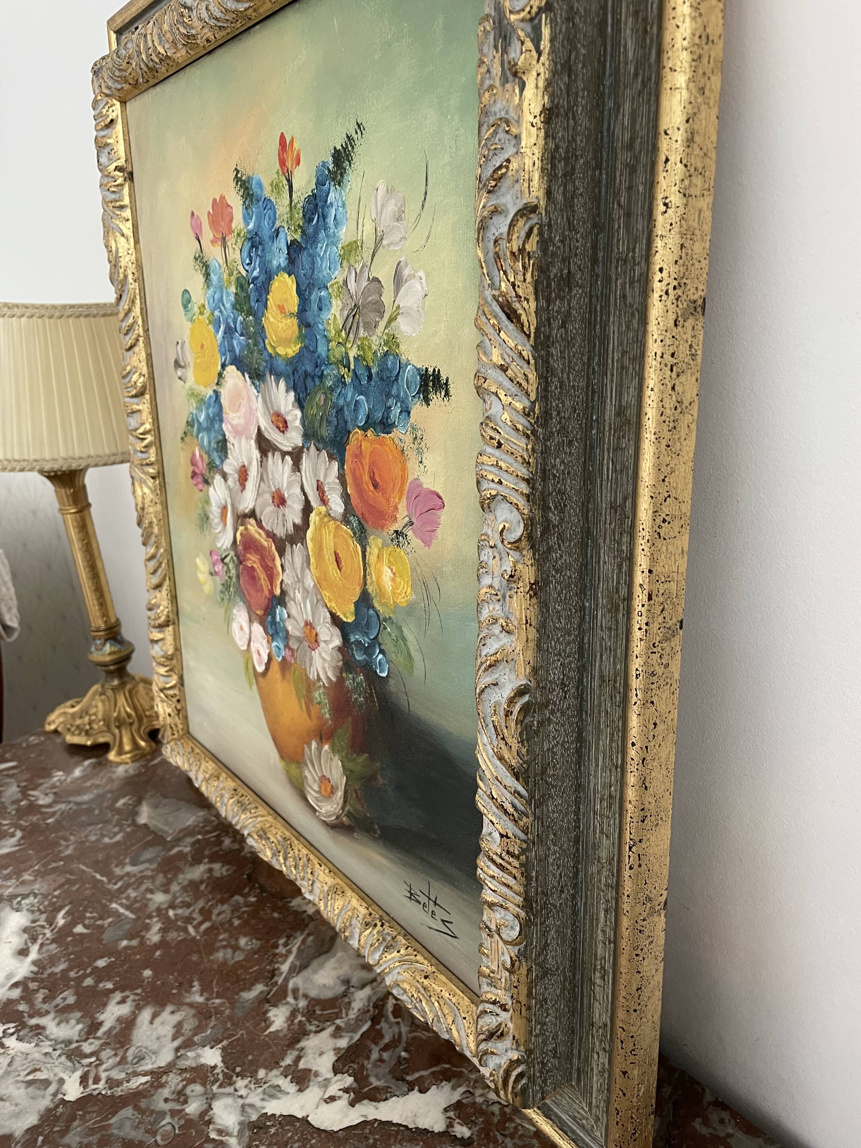 Oil painting, still life with bouquet, flowers, signed betez, floral decor, wooden frame, art