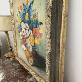 Oil painting, still life with bouquet, flowers, signed betez, floral decor, wooden frame, art