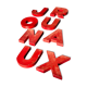 Lettres d'enseigne en zinc rouge formant le mot JOURNAUX