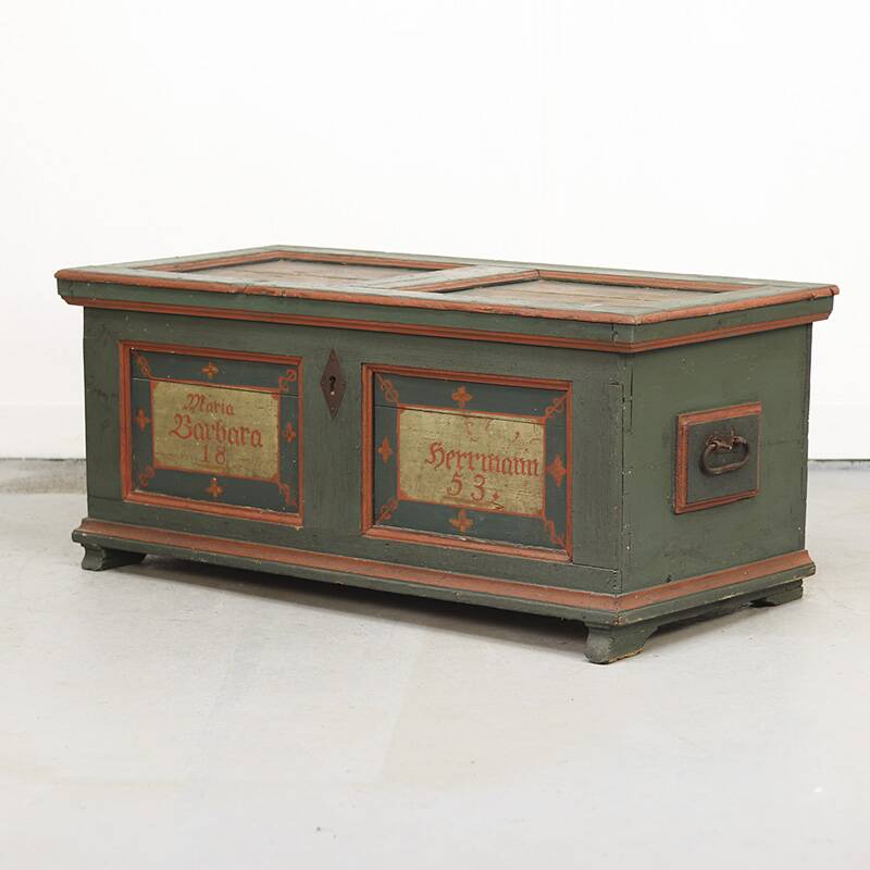 Coffre de mariée peint d'art populaire, 1853