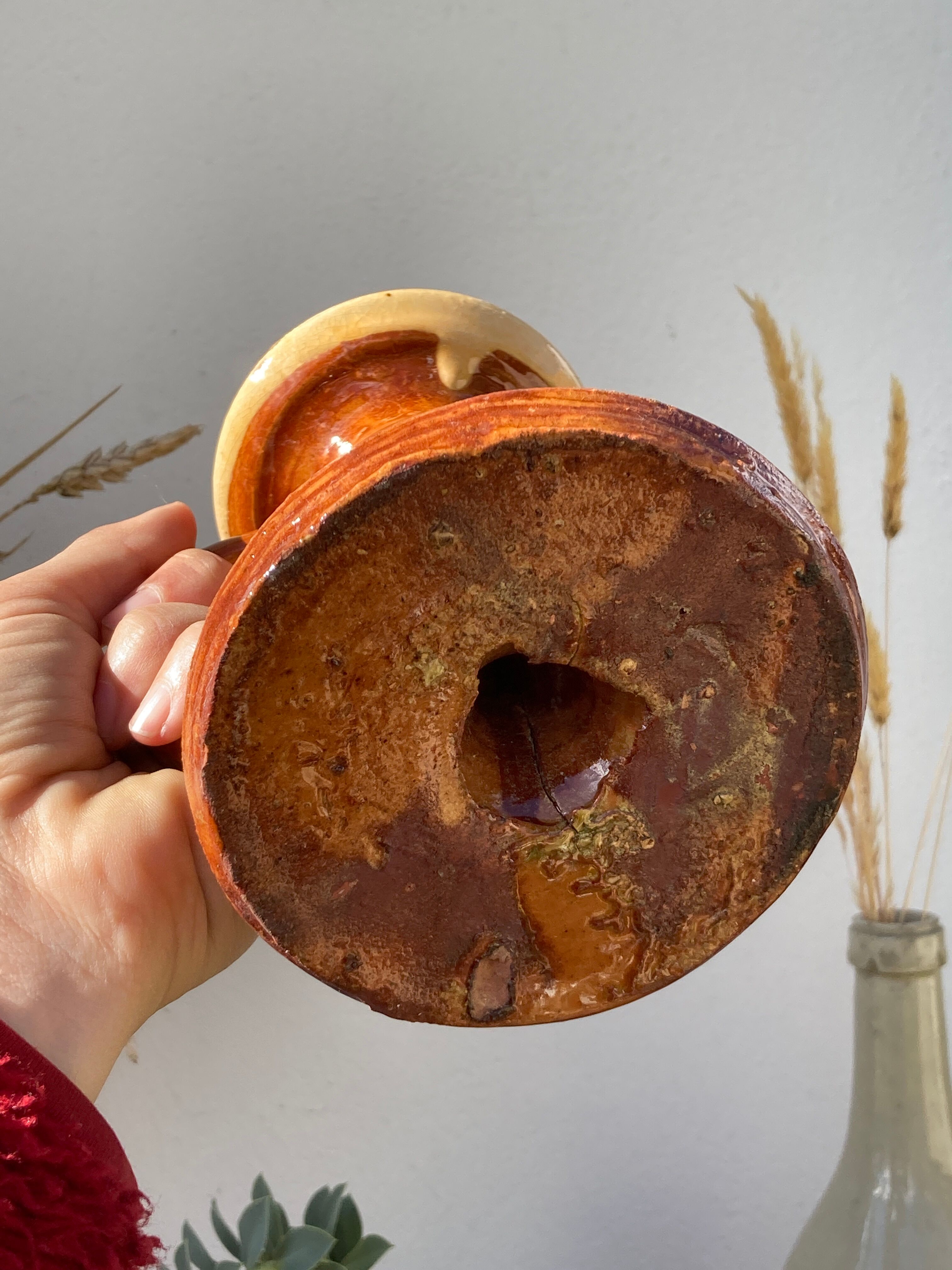 Pair of candle holder Tamegroute old terracotta enamelled brown and beige Moroccan berber